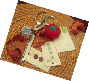 Scissors, Pin Cushion. Buttons, thread, tape measure
